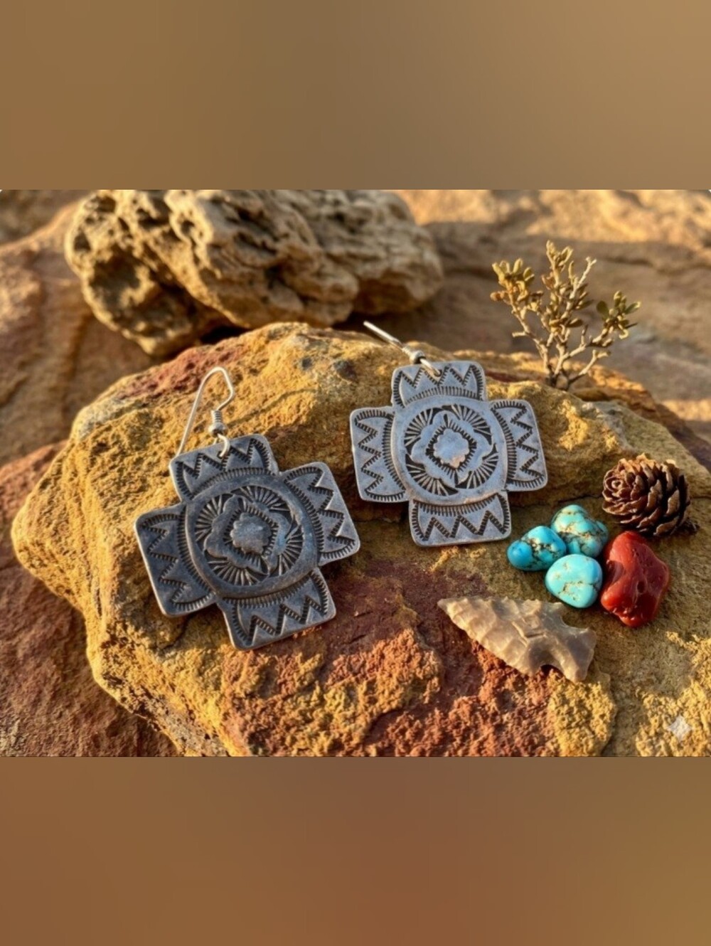 SouthWestern Sterling Silver Cross Earrings Native American.